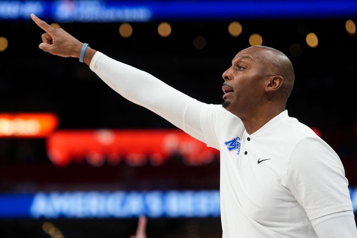 Memphis' head coach Penny Hardaway shouts instructions to a player during the game between the University of Mississippi and the University of Memphis in Memphis, Tenn., on Saturday, December 28, 2024.