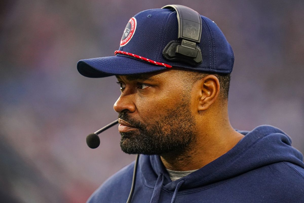 Dec 28, 2024; Foxborough, Massachusetts, USA; New England Patriots head coach Jerod Mayo watches from the sideline as they take on the Los Angeles Chargers at Gillette Stadium. Mandatory Credit: David Butler II-Imagn Images