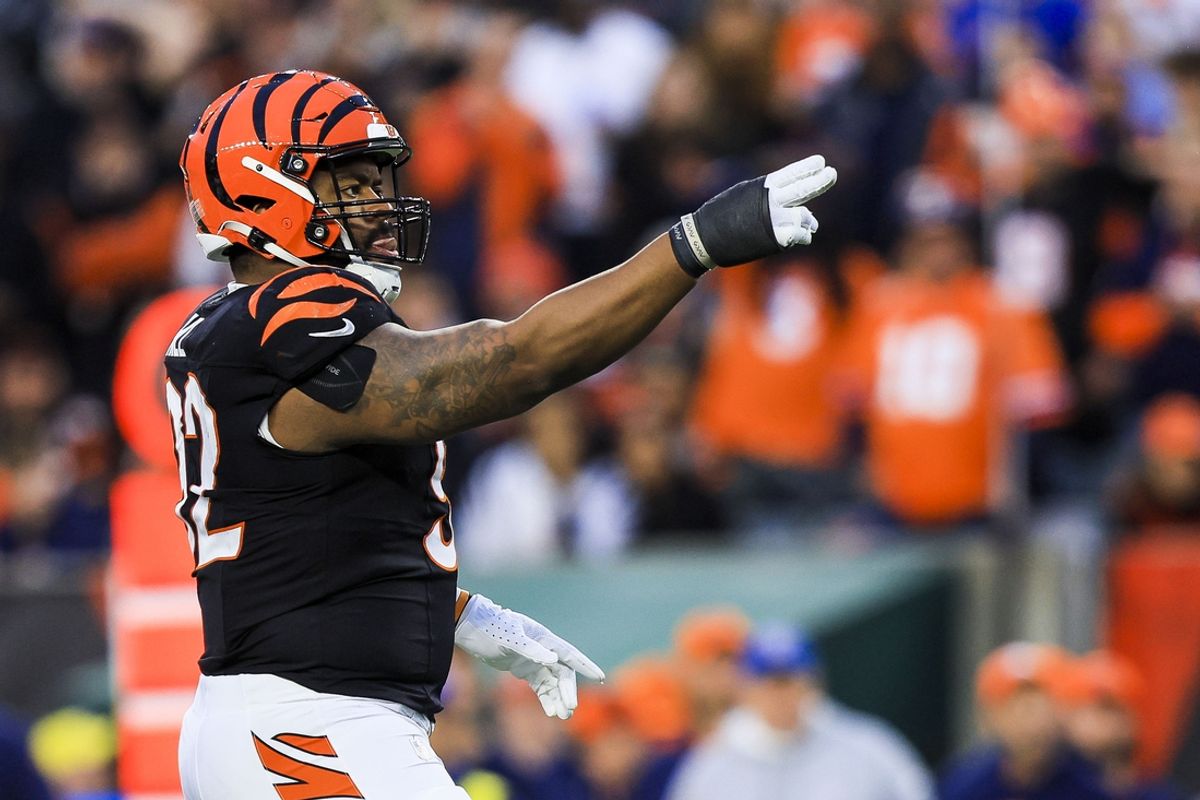 Dec 28, 2024; Cincinnati, Ohio, USA; Cincinnati Bengals defensive tackle B.J. Hill (92) reacts after a play against the Denver Broncos in the first half at Paycor Stadium. Mandatory Credit: Katie Stratman-Imagn Images