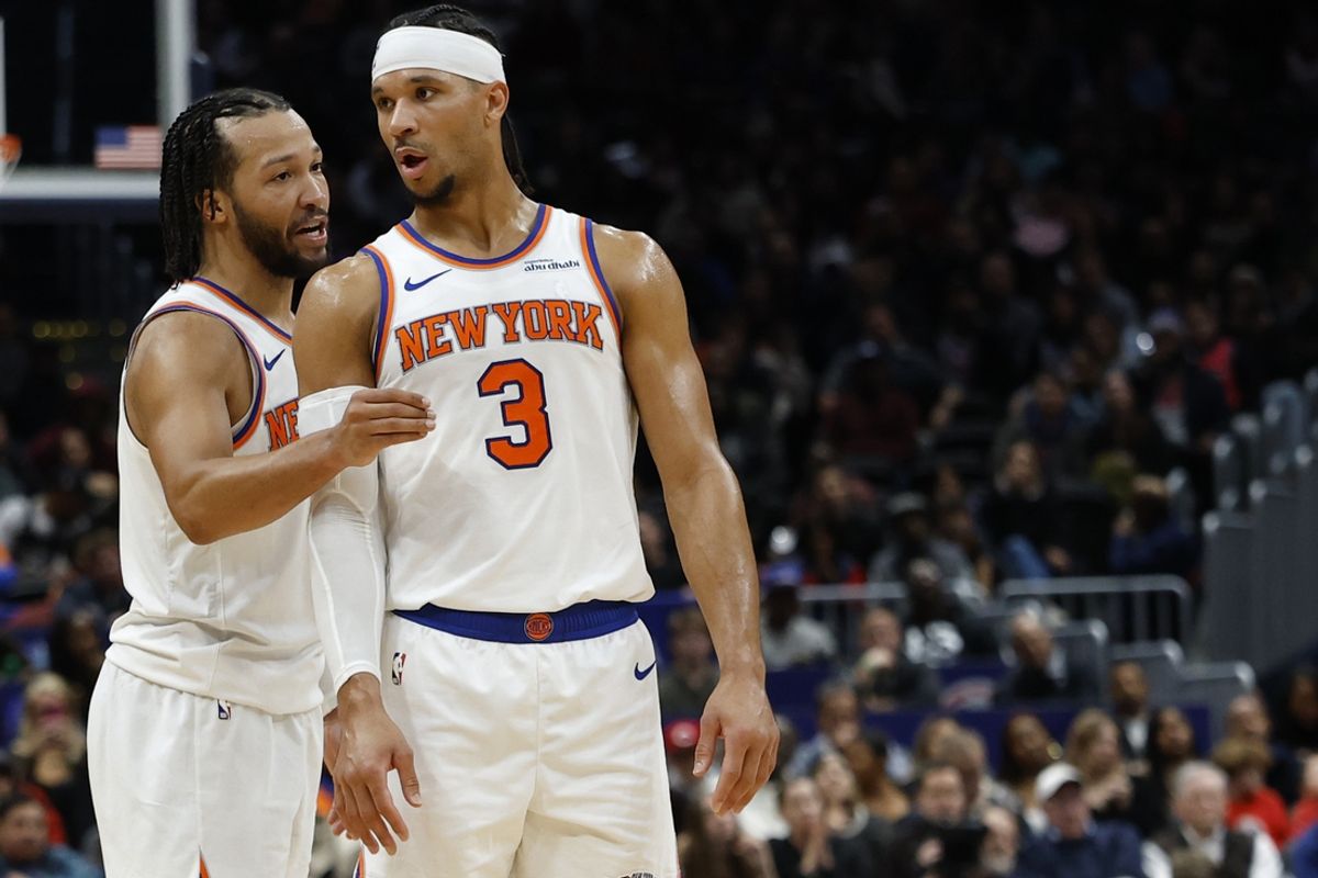 Dec 28, 2024; Washington, District of Columbia, USA; New York Knicks guard Jalen Brunson (11) talks with Knicks guard Josh Hart (3) during a stoppage in play against the Washington Wizards in overtime at Capital One Arena. Mandatory Credit: Geoff Burke-Imagn Images