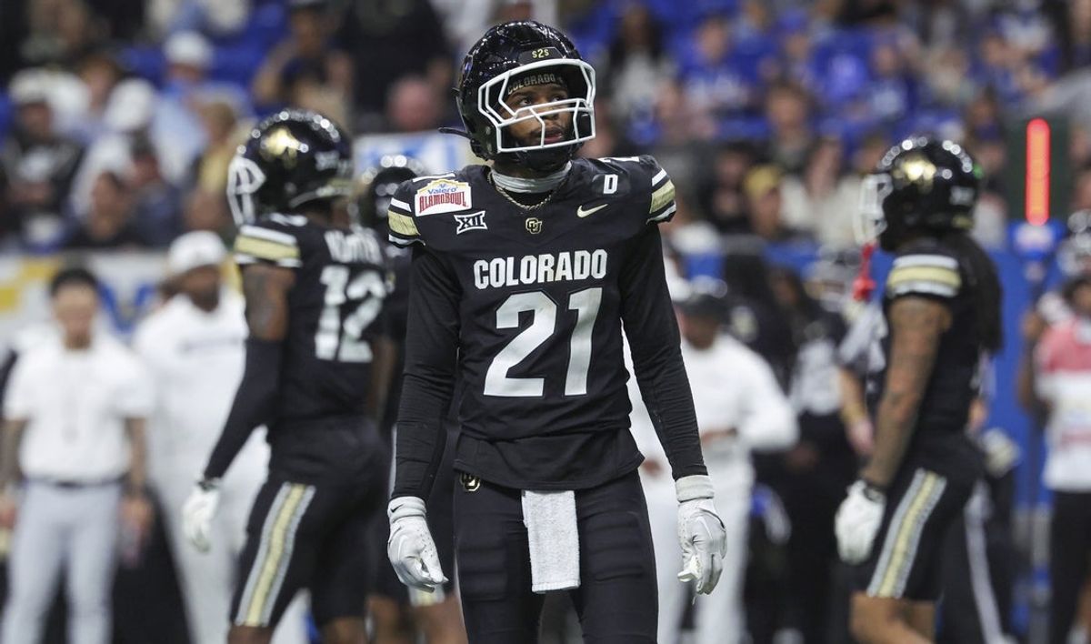 Dec 28, 2024; San Antonio, TX, USA; Colorado Buffaloes safety Shilo Sanders (21) looks up during the fourth quarter against the Brigham Young Cougars at Alamodome. Mandatory Credit: Troy Taormina-Imagn Images