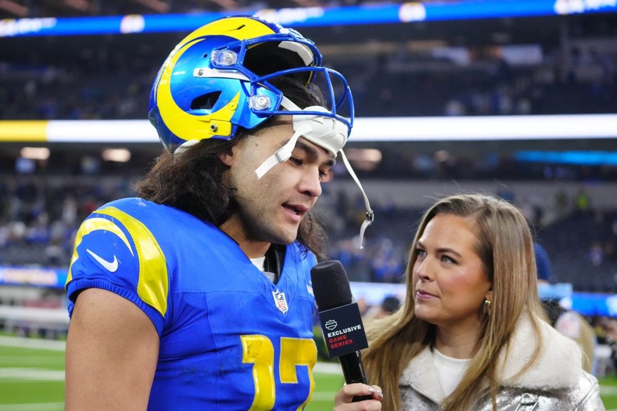 Dec 28, 2024; Inglewood, California, USA; NFL Network reporter Jamie Erdahl interviews Los Angeles Rams wide receiver Puka Nacua (17) after the game against the Arizona Cardinals in the second half at SoFi Stadium. Mandatory Credit: Kirby Lee-Imagn Images