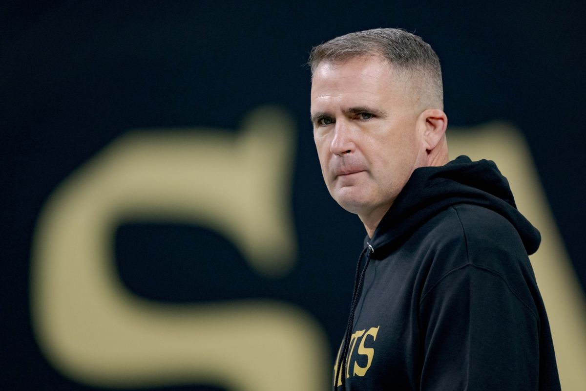 Dec 29, 2024; New Orleans, Louisiana, USA; New Orleans Saints interim head coach Darren Rizzi walks the field before a game against the Las Vegas Raiders at Caesars Superdome. Mandatory Credit: Matthew Hinton-Imagn Images