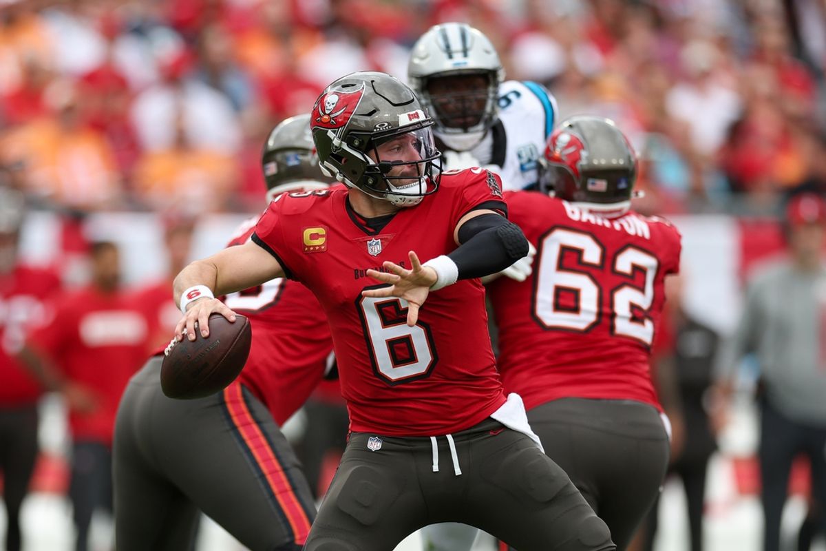 Dec 29, 2024; Tampa, Florida, USA; Tampa Bay Buccaneers quarterback Baker Mayfield (6) drops back to pass against the Carolina Panthers in the first quarter at Raymond James Stadium. Mandatory Credit: Nathan Ray Seebeck-Imagn Images