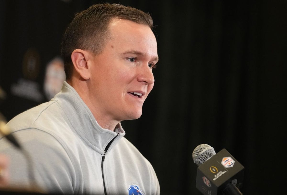 Boise State Broncos head coach Spencer Danielson speaks to the media at Arizona Ballroom at Camelback Inn on Dec. 29, 2024, ahead of their Vrbo Fiesta Bowl matchup against the Penn State Nittany Lions.