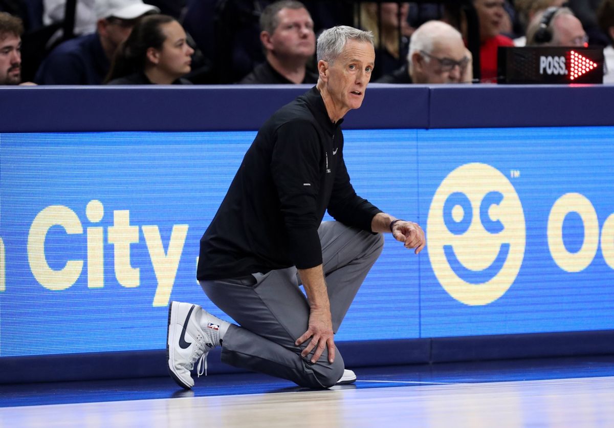 Dec 29, 2024; University Park, Pennsylvania, USA; Penn Quakers head coach Steve Donahue looks on from the bench during the first half against the Penn State Nittany Lions at Bryce Jordan Center. Mandatory Credit: Matthew O'Haren-Imagn Images