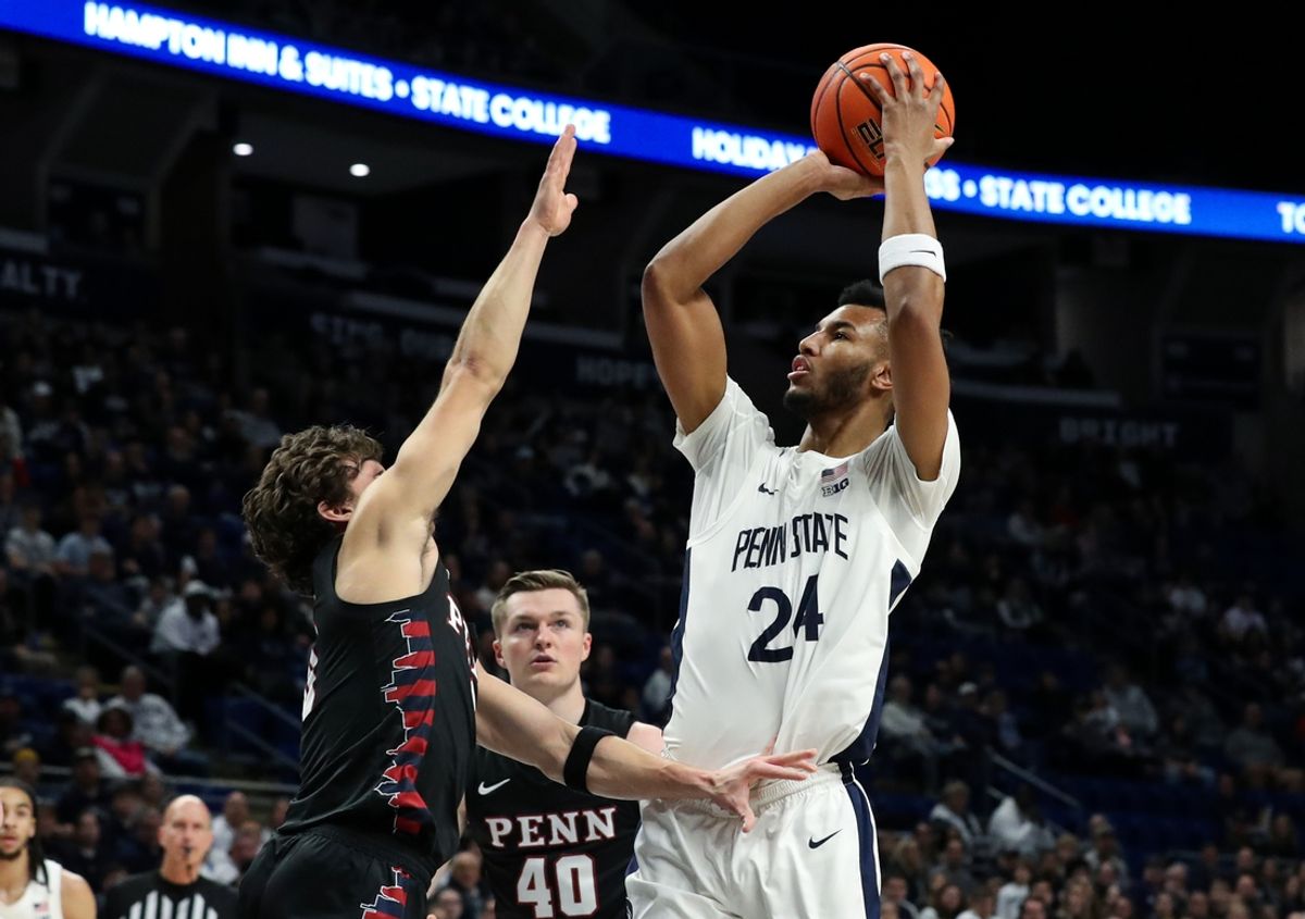 Dec 29, 2024; University Park, Pennsylvania, USA; Penn State Nittany Lions forward Zach Hicks (24) shoots the ball during the first half against the Penn Quakers at Bryce Jordan Center. Penn State defeated Penn 86-66. Mandatory Credit: Matthew O'Haren-Imagn Images