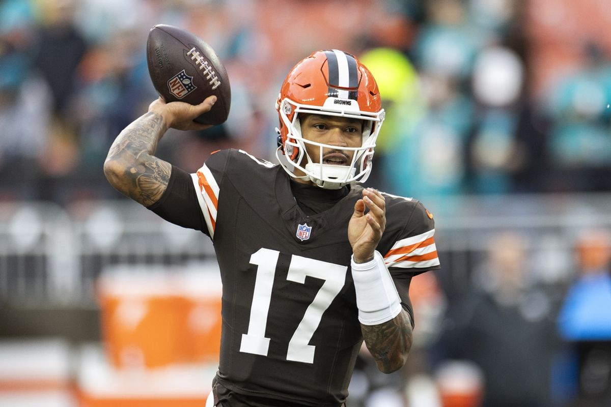Dec 29, 2024; Cleveland, Ohio, USA; Cleveland Browns quarterback Dorian Thompson-Robinson (17) throws the ball during warm ups before the game against the Miami Dolphins at Huntington Bank Field. Mandatory Credit: Scott Galvin-Imagn Images