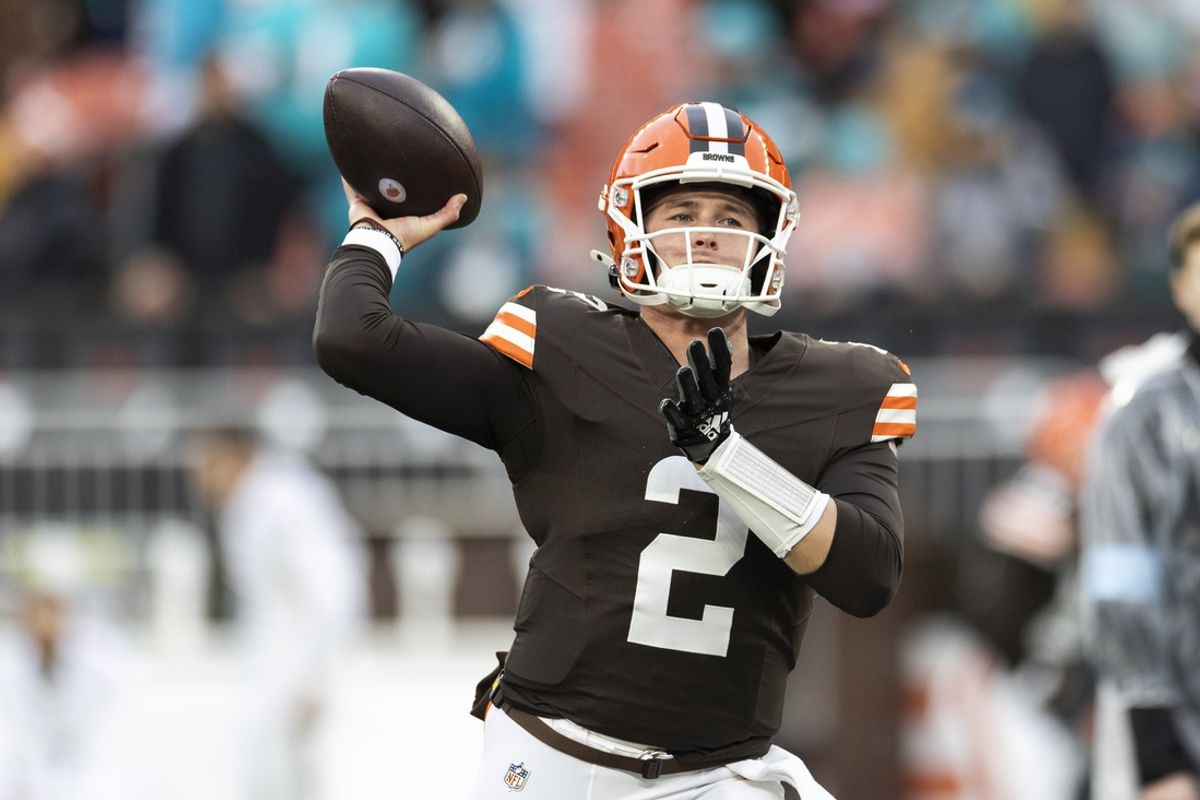 Dec 29, 2024; Cleveland, Ohio, USA; Cleveland Browns quarterback Bailey Zappe (2) throws the ball during warm ups before the game against the Miami Dolphins at Huntington Bank Field. Mandatory Credit: Scott Galvin-Imagn Images
