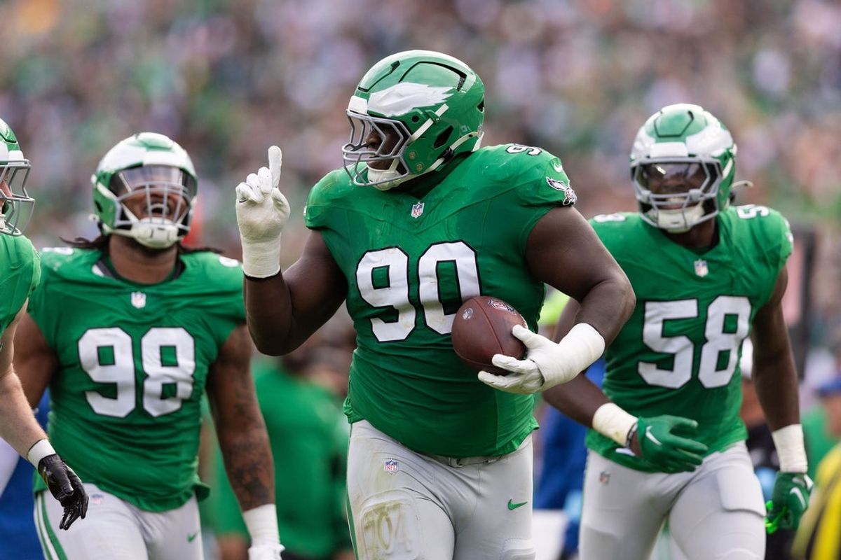 Dec 29, 2024; Philadelphia, Pennsylvania, USA; Philadelphia Eagles defensive tackle Jordan Davis (90) celebrate with teammates after his fumble recovery against the Dallas Cowboys during the second quarter at Lincoln Financial Field. Mandatory Credit: Bill Streicher-Imagn Images