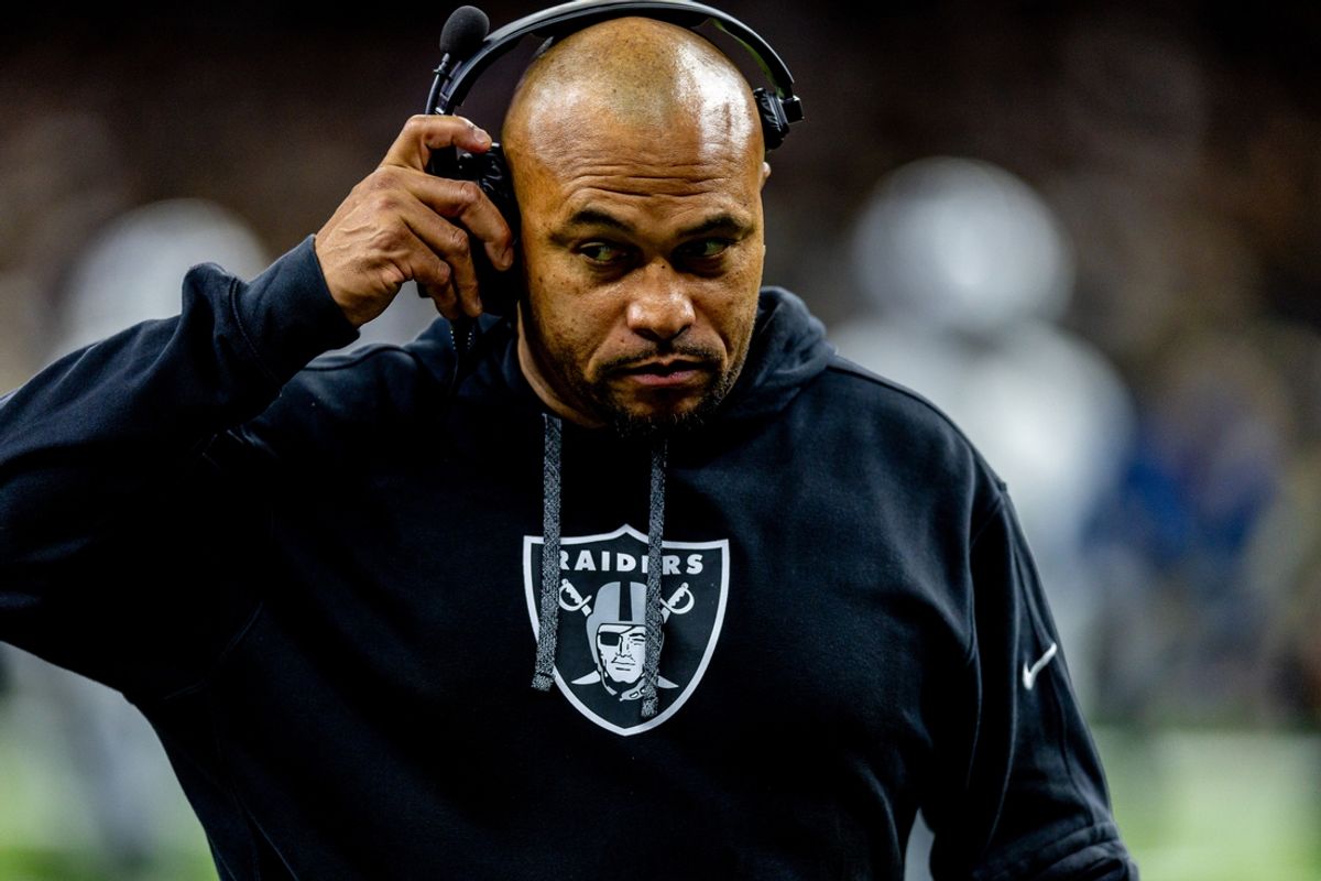 Dec 29, 2024; New Orleans, Louisiana, USA;  Las Vegas Raiders head coach Antonio Pierce looks on against the New Orleans Saints during the second half at Caesars Superdome. Mandatory Credit: Stephen Lew-Imagn Images