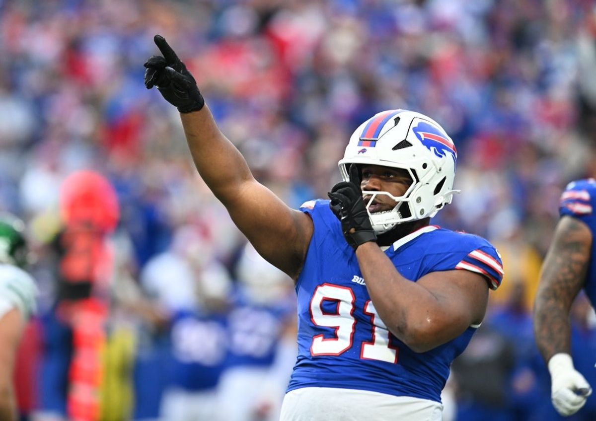 Dec 29, 2024; Orchard Park, New York, USA; Buffalo Bills defensive tackle Ed Oliver (91) celebrates a sack against the New York Jets in the third quarter at Highmark Stadium. Mandatory Credit: Mark Konezny-Imagn Images