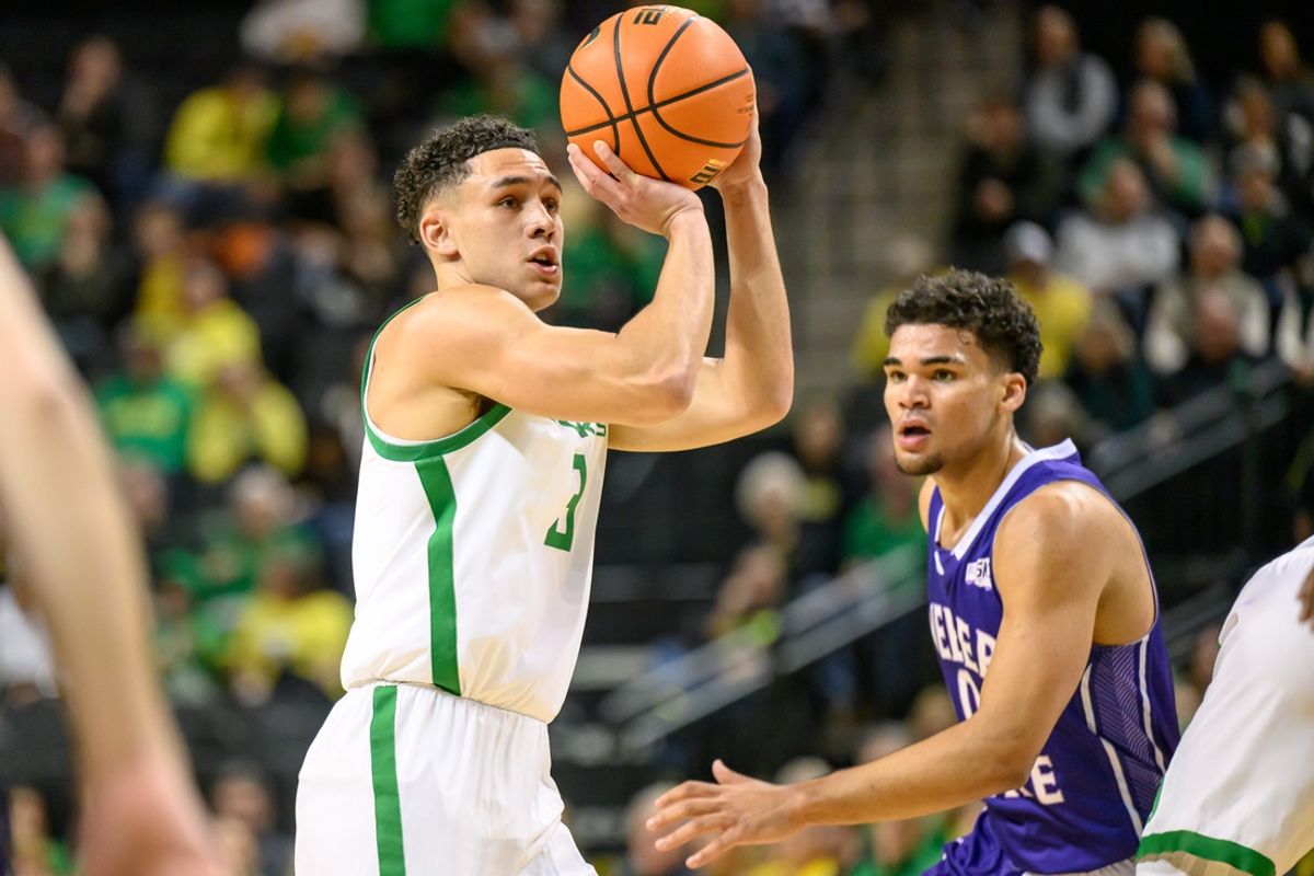 Dec 29, 2024; Eugene, Oregon, USA; Oregon Ducks guard Jackson Shelstad (3) shoots the ball in traffic during the first half against the Weber State Wildcats at Matthew Knight Arena. Mandatory Credit: Craig Strobeck-Imagn Images