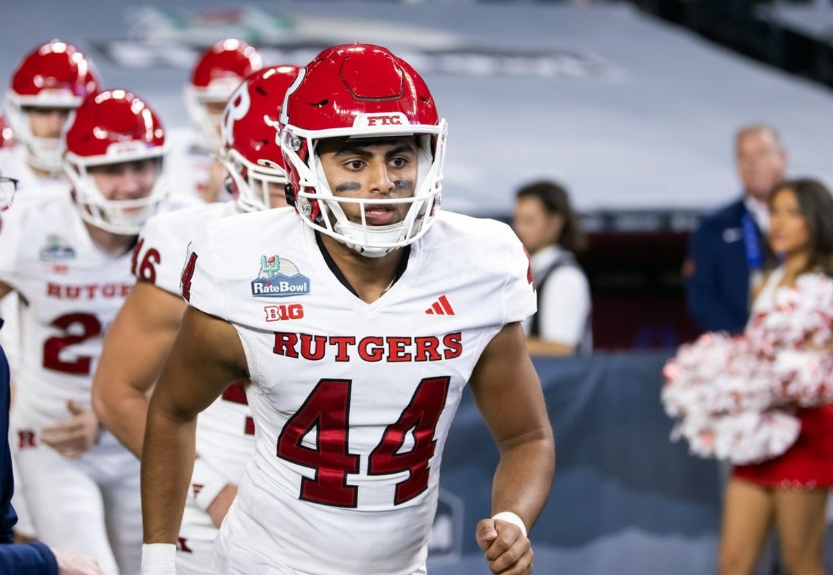 Dec 26, 2024; Phoenix, AZ, USA; Rutgers Scarlet Knights kicker Jai Patel (44) against the Kansas State Wildcats during the Rate Bowl at Chase Field. Mandatory Credit: Mark J. Rebilas-Imagn Images