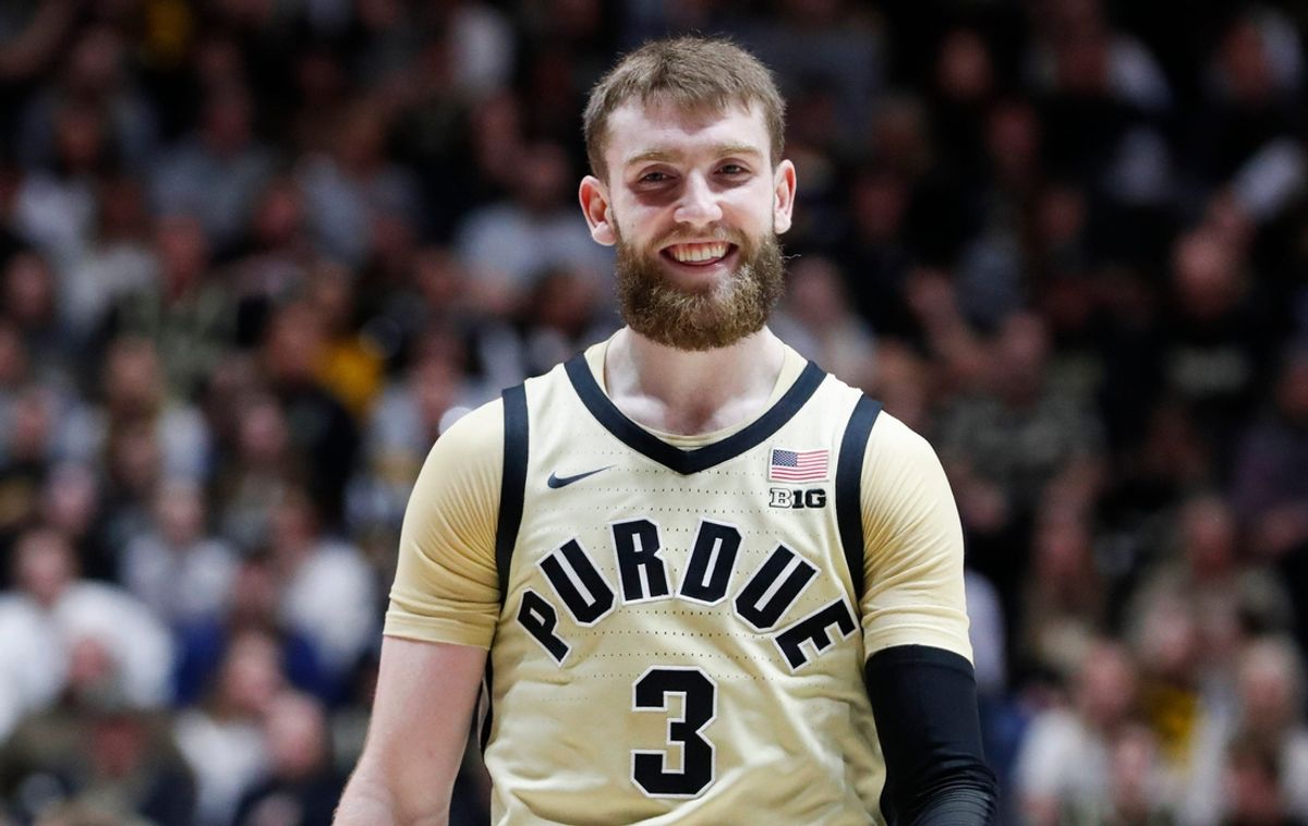 Purdue Boilermakers guard Braden Smith (3) smiles Sunday, Dec. 29, 2024, during the NCAA men’s basketball game against the Toledo Rockets at Mackey Arena in West Lafayette, Ind. Purdue Boilermakers won 83-64.