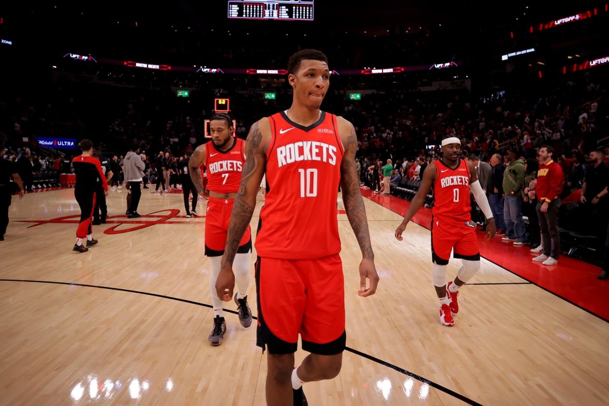 Dec 29, 2024; Houston, Texas, USA; Houston Rockets forward Jabari Smith Jr (10) leaves the court following the game against the Miami Heat during the fourth quarter at Toyota Center. Mandatory Credit: Erik Williams-Imagn Images