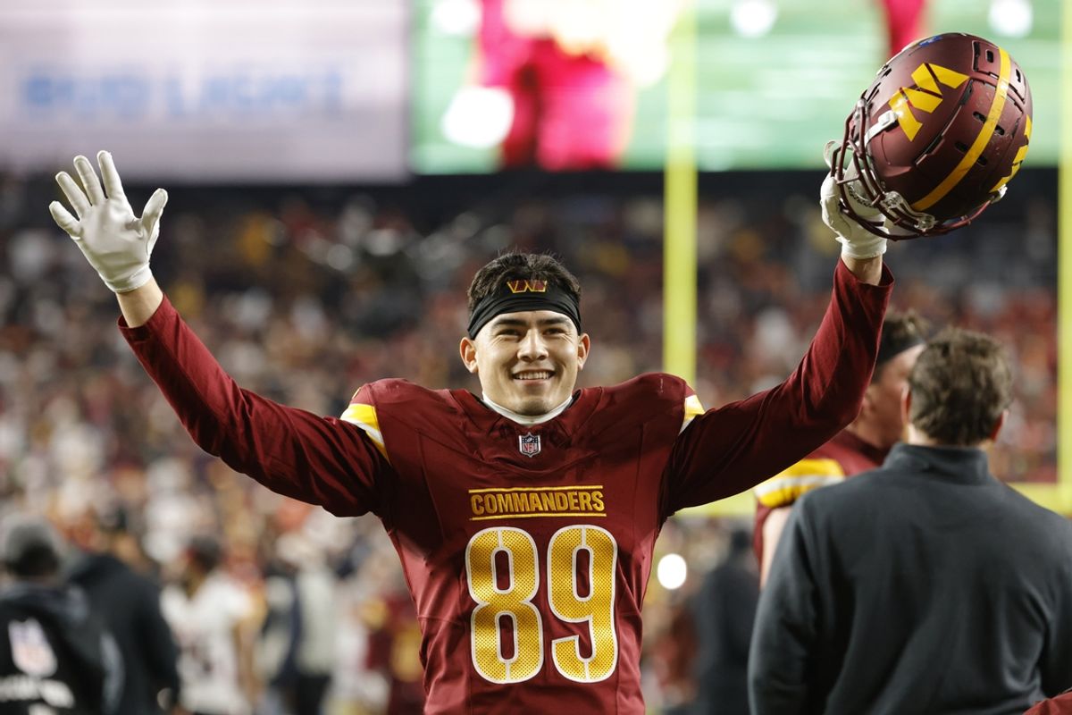 Dec 29, 2024; Landover, Maryland, USA; Washington Commanders wide receiver Brycen Tremayne (89) celebrates after defeating the Atlanta Falcons at Northwest Stadium. Mandatory Credit: Amber Searls-Imagn Images