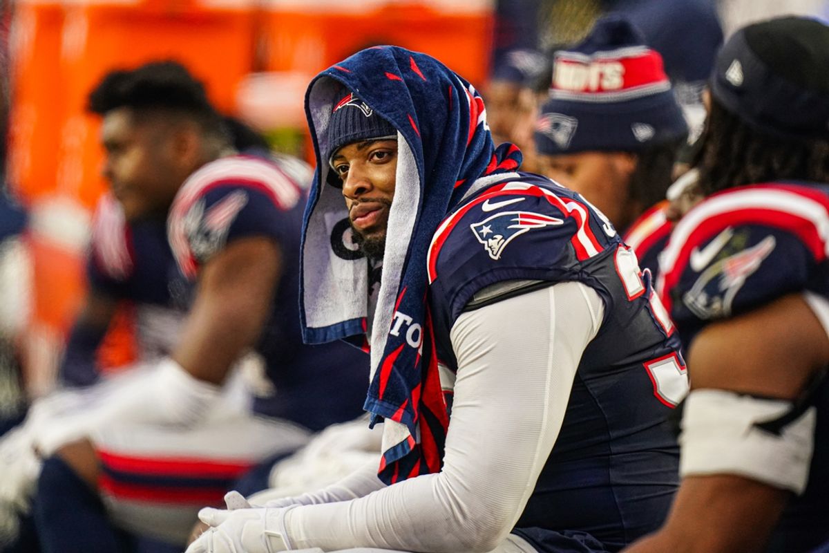 Dec 28, 2024; Foxborough, Massachusetts, USA; New England Patriots linebacker Anfernee Jennings (33) on the sideline as they take on the Los Angeles Chargers in the second half at Gillette Stadium. Mandatory Credit: David Butler II-Imagn Images