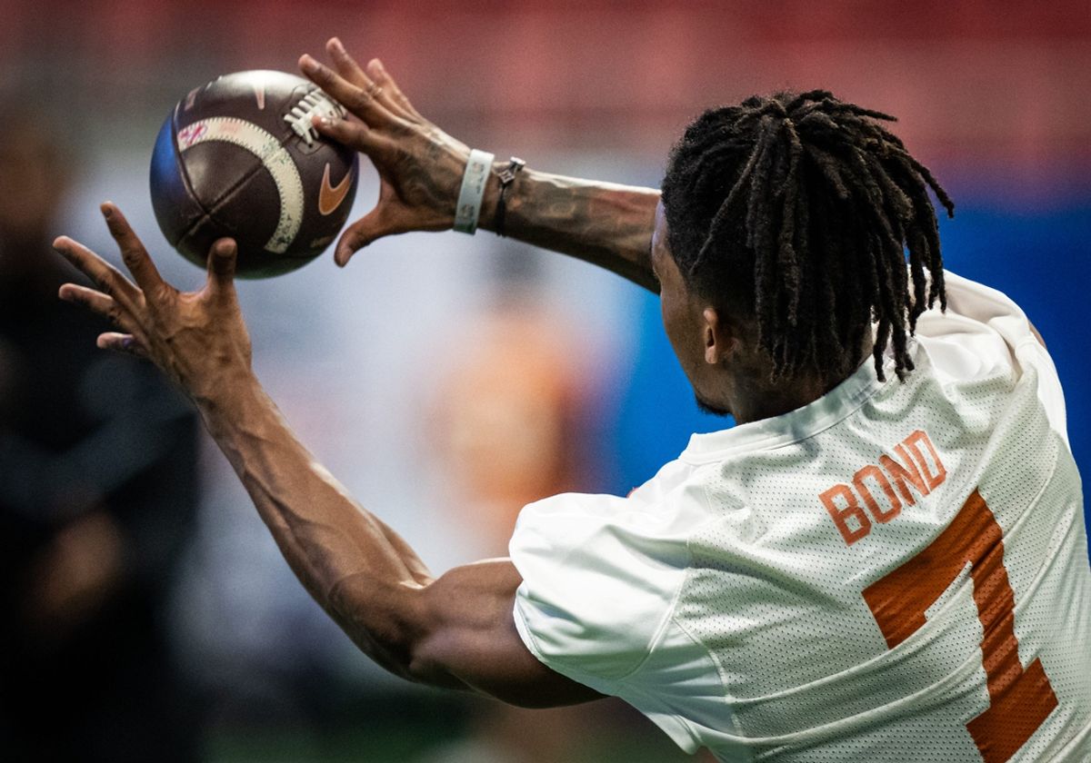 Texas Longhorns wide receiver Isaiah Bond (7) runs drills at practice at Mercedes-Benz Stadium in Atlanta, Georgia on Dec. 30, 2024 ahead of the College Football Playoff Quarterfinals. The Longhorns will play the Arizona State Sun Devils in the Peach Bowl on New Years Day.