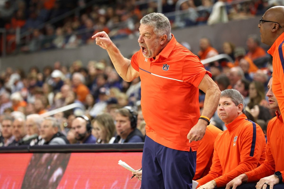 Dec 30, 2024; Auburn, Alabama, USA;  Auburn Tigers head coach Bruce Pearl reacts to a call during the first half against the Monmouth Hawks at Neville Arena. Mandatory Credit: John Reed-Imagn Images