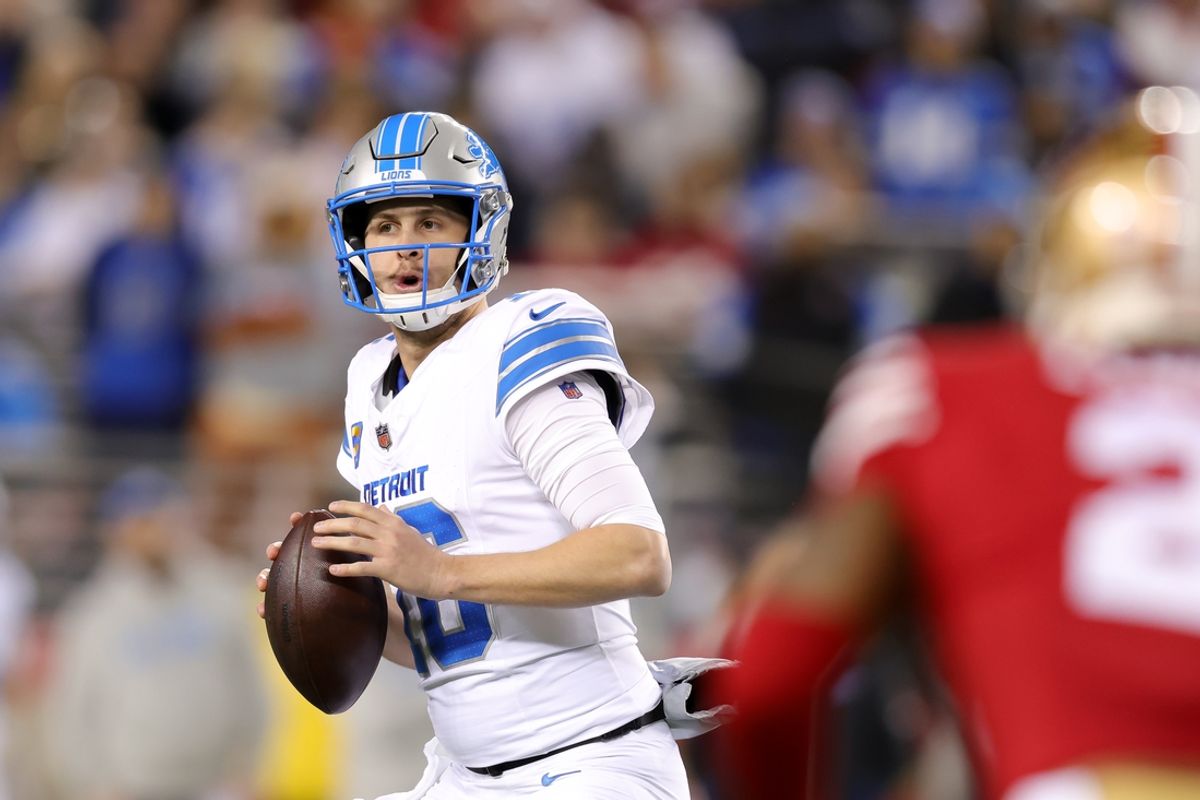 Dec 30, 2024; Santa Clara, California, USA; Detroit Lions quarterback Jared Goff (16) drops back to pass the ball during the first quarter against the San Francisco 49ers at Levi's Stadium. Mandatory Credit: Sergio Estrada-Imagn Images