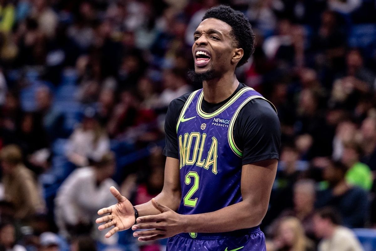 Dec 30, 2024; New Orleans, Louisiana, USA;  New Orleans Pelicans forward Herbert Jones (2) against the LA Clippers on a free throw attempt during the first half at Smoothie King Center. Mandatory Credit: Stephen Lew-Imagn Images