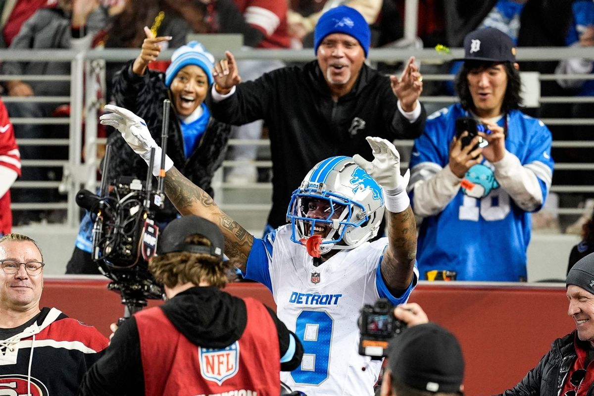Detroit Lions wide receiver Jameson Williams (9) celebrates a touchdown against San Francisco 49ers during the first half at Levi's Stadium in Santa Clara, Calif. on Monday, Dec. 30, 2024.