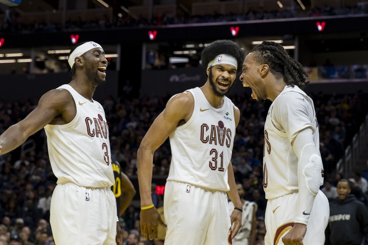 Dec 30, 2024; San Francisco, California, USA; Cleveland Cavaliers guard Darius Garland (10) and center Jarrett Allen (31) and guard Caris LeVert (3) react after a foul is called against a Golden State Warriors player during the third quarter at Chase Center. Mandatory Credit: John Hefti-Imagn Images
