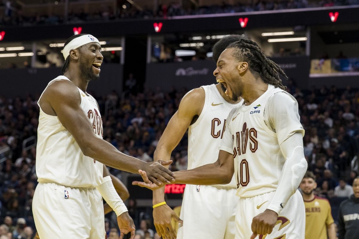 Dec 30, 2024; San Francisco, California, USA; Cleveland Cavaliers guard Darius Garland (10) and Cleveland Cavaliers center Jarrett Allen (31) and Cleveland Cavaliers guard Caris LeVert (3) react after a foul is called against a Golden State Warriors player during the third quarter at Chase Center. Mandatory Credit: John Hefti-Imagn Images