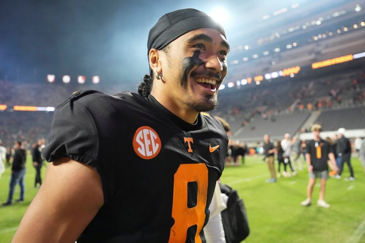 Tennessee quarterback Nico Iamaleava (8) walks off the field after the win over Kentucky after an NCAA college football game on Saturday, Nov. 2, 2024, in Knoxville, Tenn.