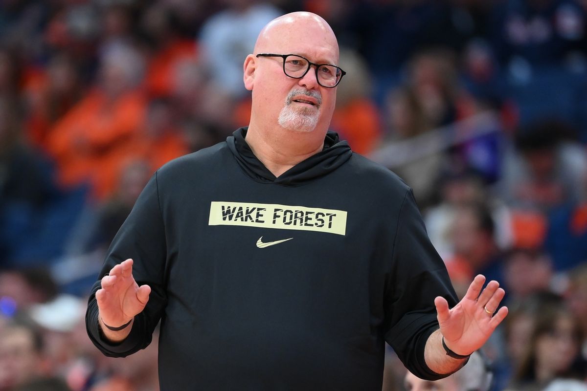 Dec 31, 2024; Syracuse, New York, USA; Wake Forest Demon Deacons head coach Steve Forbes reacts to a call against the Syracuse Orange during the first half at the JMA Wireless Dome. Mandatory Credit: Rich Barnes-Imagn Images
