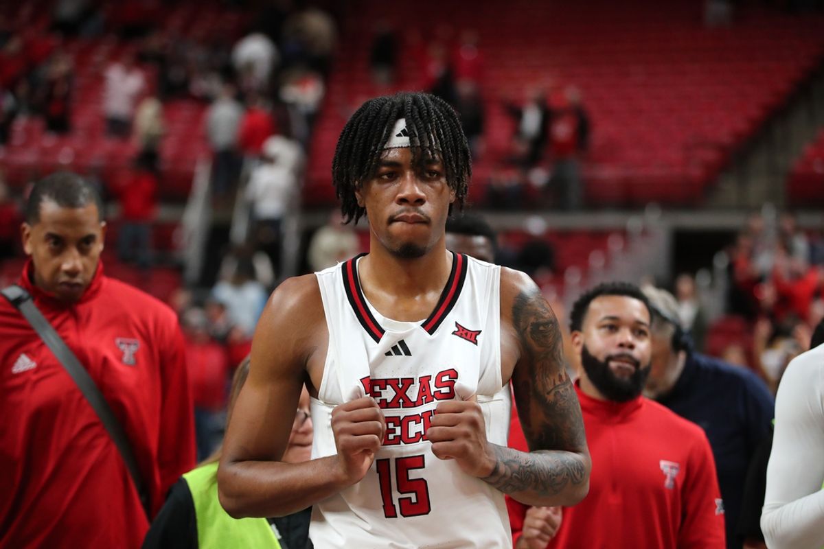 Dec 31, 2024; Lubbock, Texas, USA;  Texas Tech Red Raiders forward JT Toppin (15) reacts after the game against the Central Florida Knights at United Supermarkets Arena. Mandatory Credit: Michael C. Johnson-Imagn Images