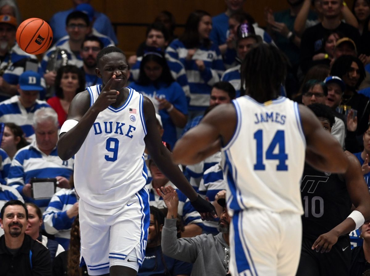 Dec 31, 2024; Durham, North Carolina, USA;  Duke Blue Devils center Khaman Maluach (9) reacts during the first half against the Virginia Tech Hokies at Cameron Indoor Stadium. Mandatory Credit: Rob Kinnan-Imagn Images