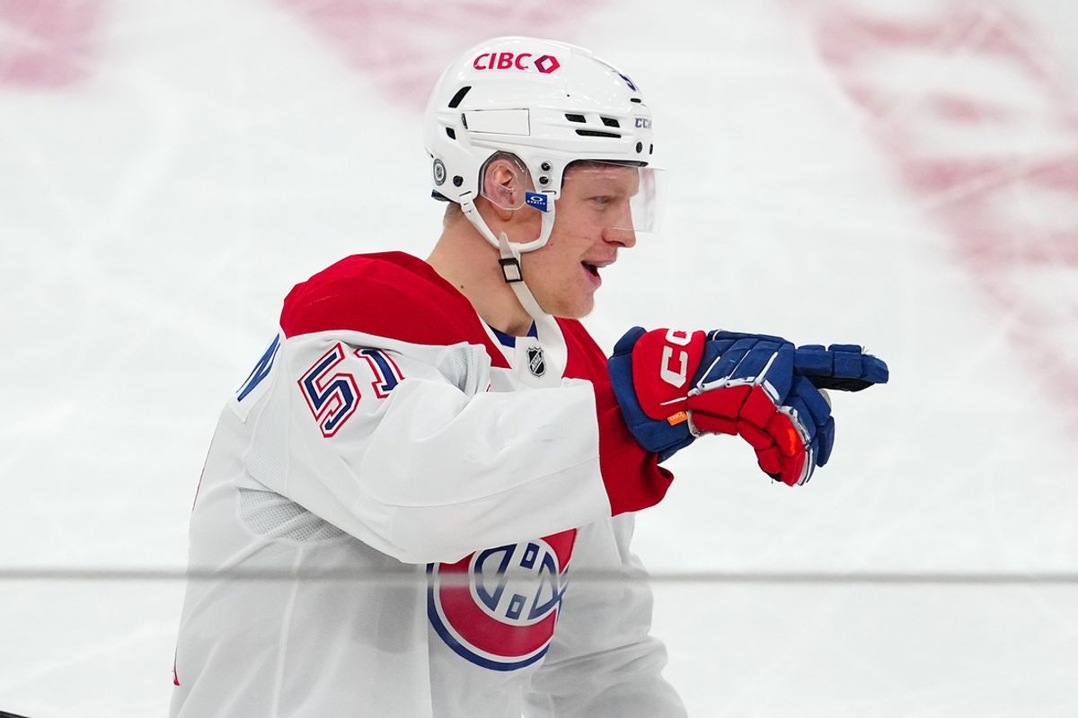 Dec 31, 2024; Las Vegas, Nevada, USA; Montreal Canadiens left wing Emil Heineman (51) celebrates after scoring a goal against the Vegas Golden Knights during the third period at T-Mobile Arena. Mandatory Credit: Stephen R. Sylvanie-Imagn Images
