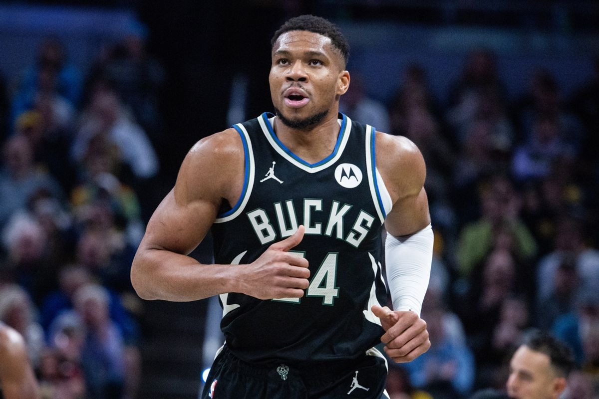 Dec 31, 2024; Indianapolis, Indiana, USA; Milwaukee Bucks forward Giannis Antetokounmpo (34)  in the second half against the Indiana Pacers at Gainbridge Fieldhouse. Mandatory Credit: Trevor Ruszkowski-Imagn Images