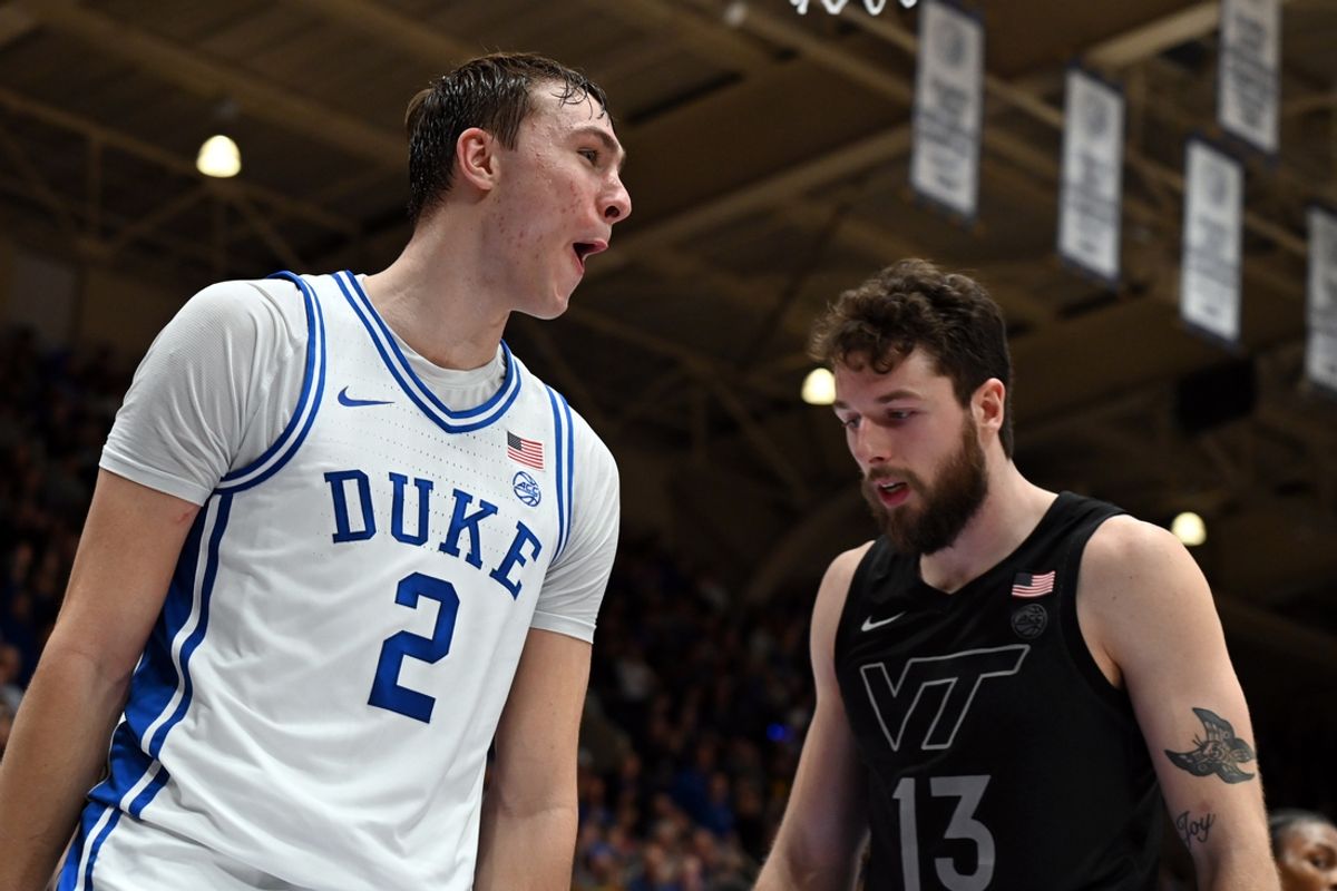 Dec 31, 2024; Durham, North Carolina, USA; Duke Blue Devils forward Cooper Flagg (2) reacts after dunking during the second half against the Virginia Tech Hokies at Cameron Indoor Stadium. Mandatory Credit: Rob Kinnan-Imagn Images