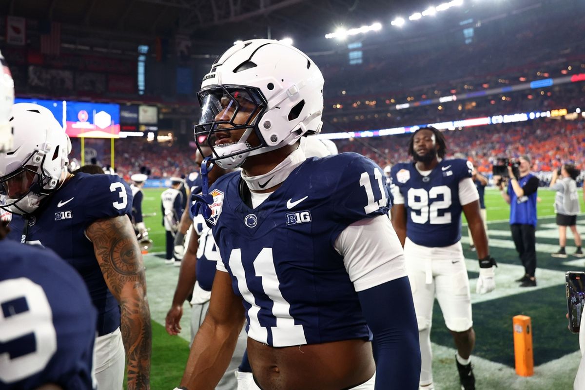 Dec 31, 2024; Glendale, AZ, USA; Penn State Nittany Lions defensive end Abdul Carter (11) practices before the Fiesta Bowl against the Boise State Broncos at State Farm Stadium. Mandatory Credit: Mark J. Rebilas-Imagn Images