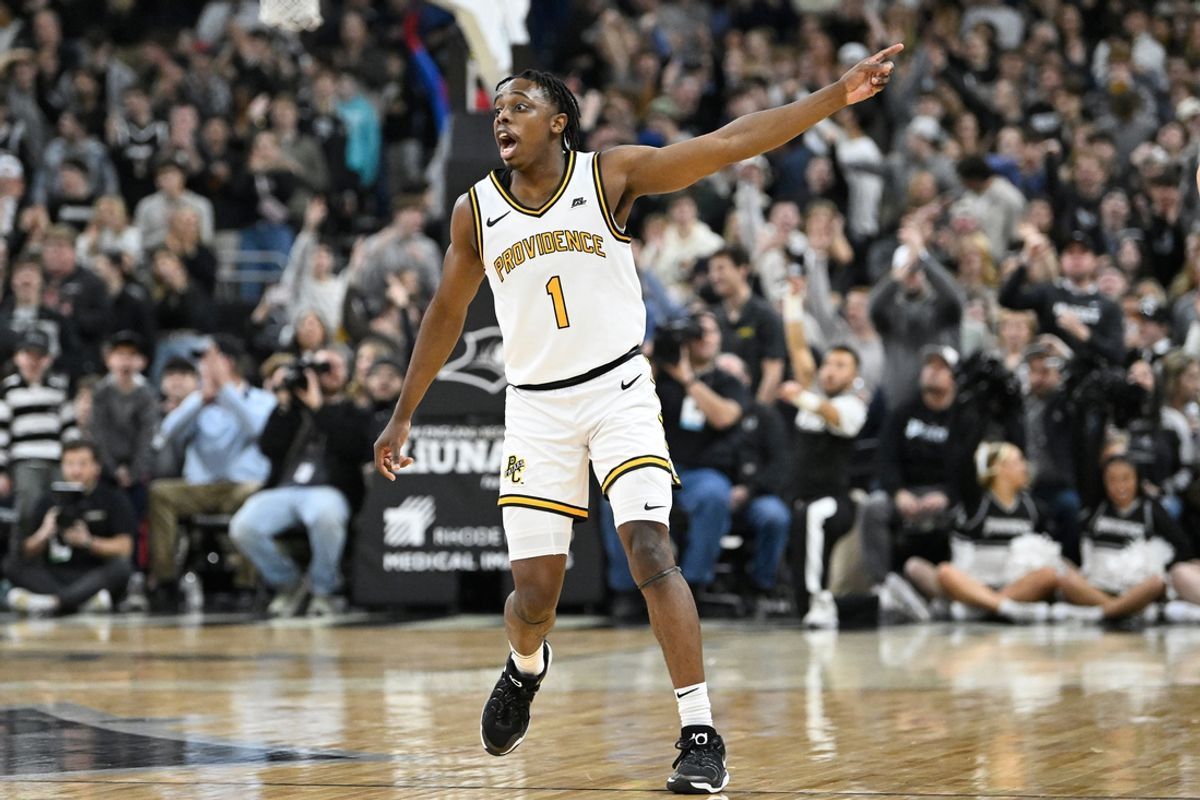 Dec 31, 2024; Providence, Rhode Island, USA; Providence Friars guard Jayden Pierre (1) directs teammates during the first half against the Marquette Golden Eagles at Amica Mutual Pavilion. Mandatory Credit: Eric Canha-Imagn Images