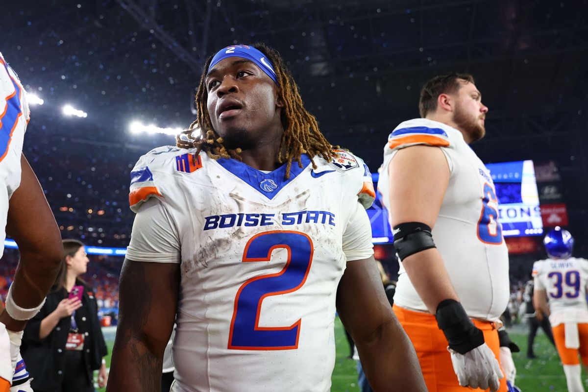 Dec 31, 2024; Glendale, AZ, USA; Boise State Broncos running back Ashton Jeanty (2) reacts after the game against the Penn State Nittany Lions in the Fiesta Bowl at State Farm Stadium. Mandatory Credit: Mark J. Rebilas-Imagn Images