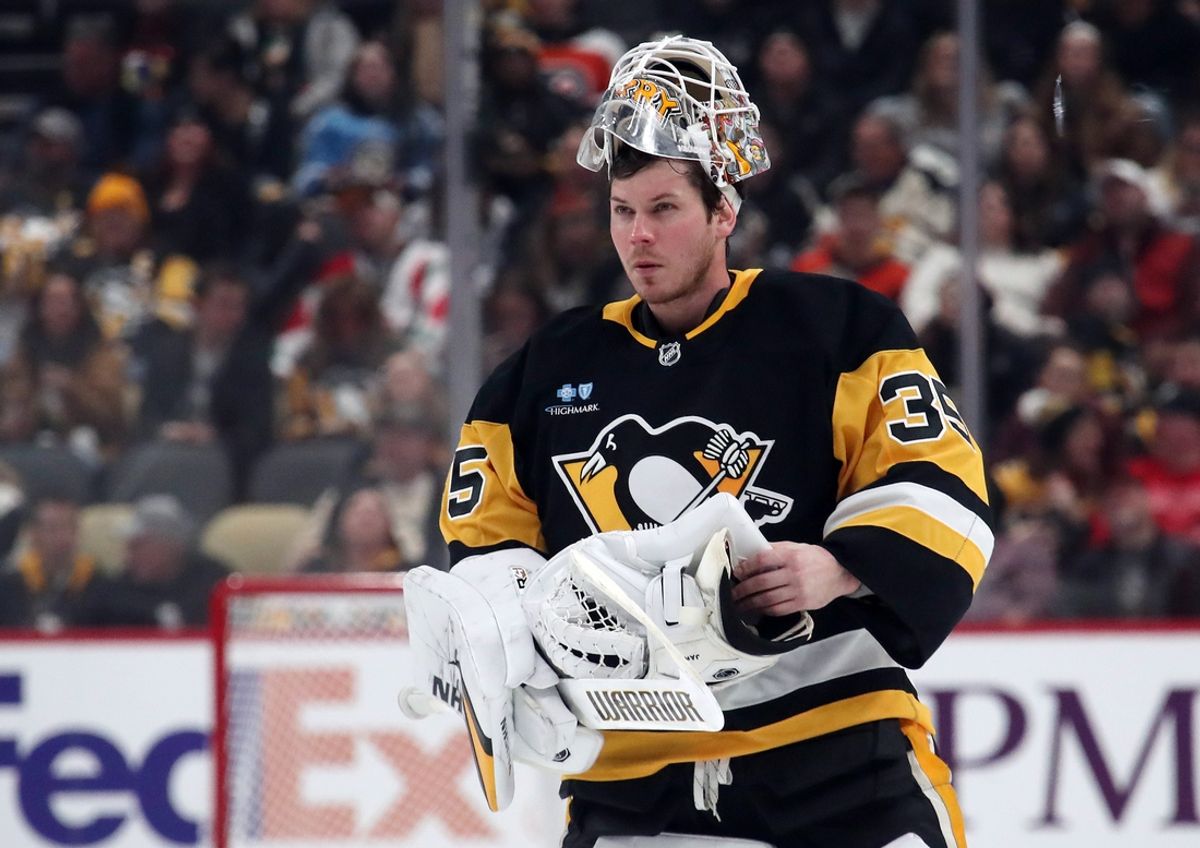 Dec 23, 2024; Pittsburgh, Pennsylvania, USA;  Pittsburgh Penguins goaltender Tristan Jarry (35) returns to his net against the Philadelphia Flyers during the second period at PPG Paints Arena. Mandatory Credit: Charles LeClaire-Imagn Images