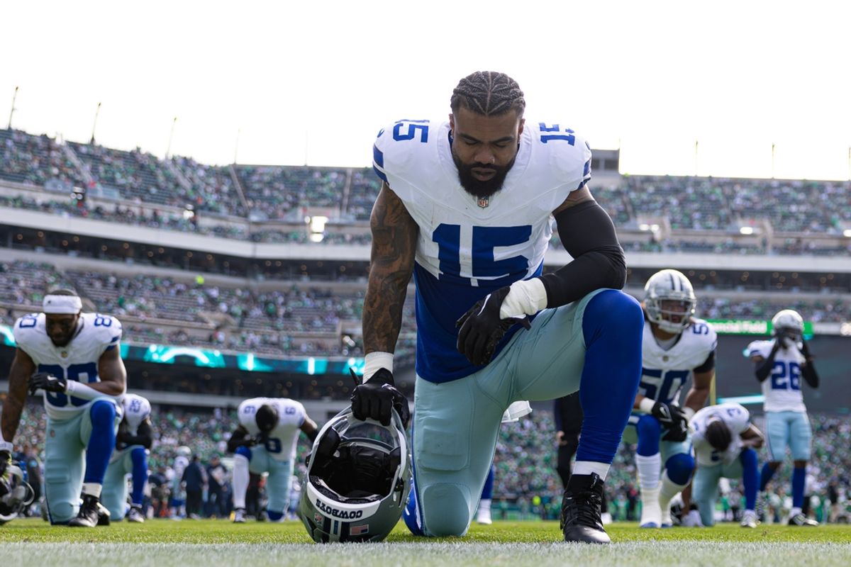 Dec 29, 2024; Philadelphia, Pennsylvania, USA; Dallas Cowboys running back Ezekiel Elliott (15) before action against the Philadelphia Eagles at Lincoln Financial Field. Mandatory Credit: Bill Streicher-Imagn Images