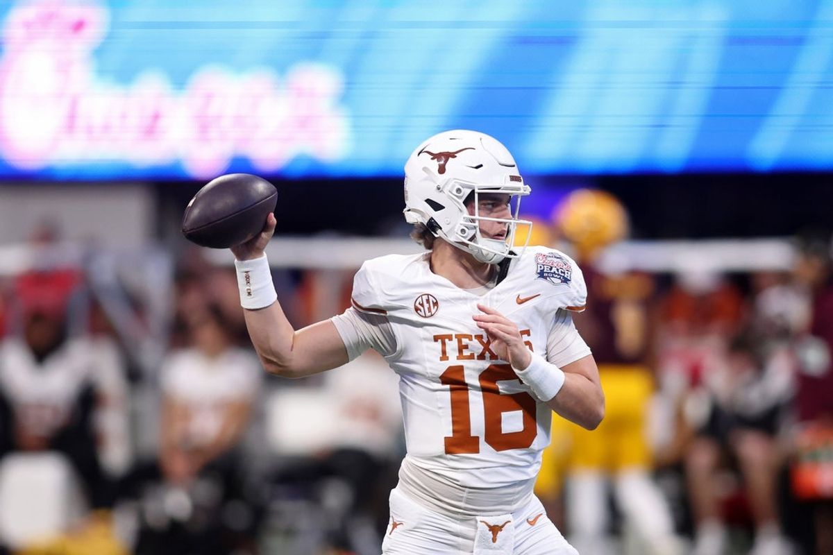 Jan 1, 2025; Atlanta, GA, USA; Texas Longhorns quarterback Arch Manning (16) warms up before the Peach Bowl at Mercedes-Benz Stadium. Mandatory Credit: Brett Davis-Imagn Images