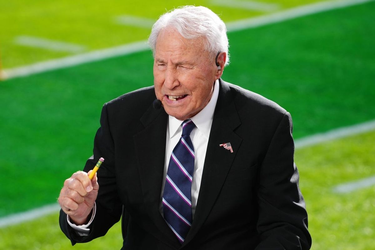 Jan 1, 2025; Pasadena, California, USA; Lee Corso on the ESPN Gameday set at Rose Bowl Stadium. Mandatory Credit: Kirby Lee-Imagn Images