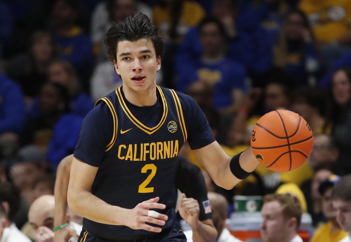 Jan 1, 2025; Pittsburgh, Pennsylvania, USA;  California Golden Bears guard Andrej Stojakovic (2) dribbles the ball up court against the Pittsburgh Panthers during the second half at the Petersen Events Center. Mandatory Credit: Charles LeClaire-Imagn Images