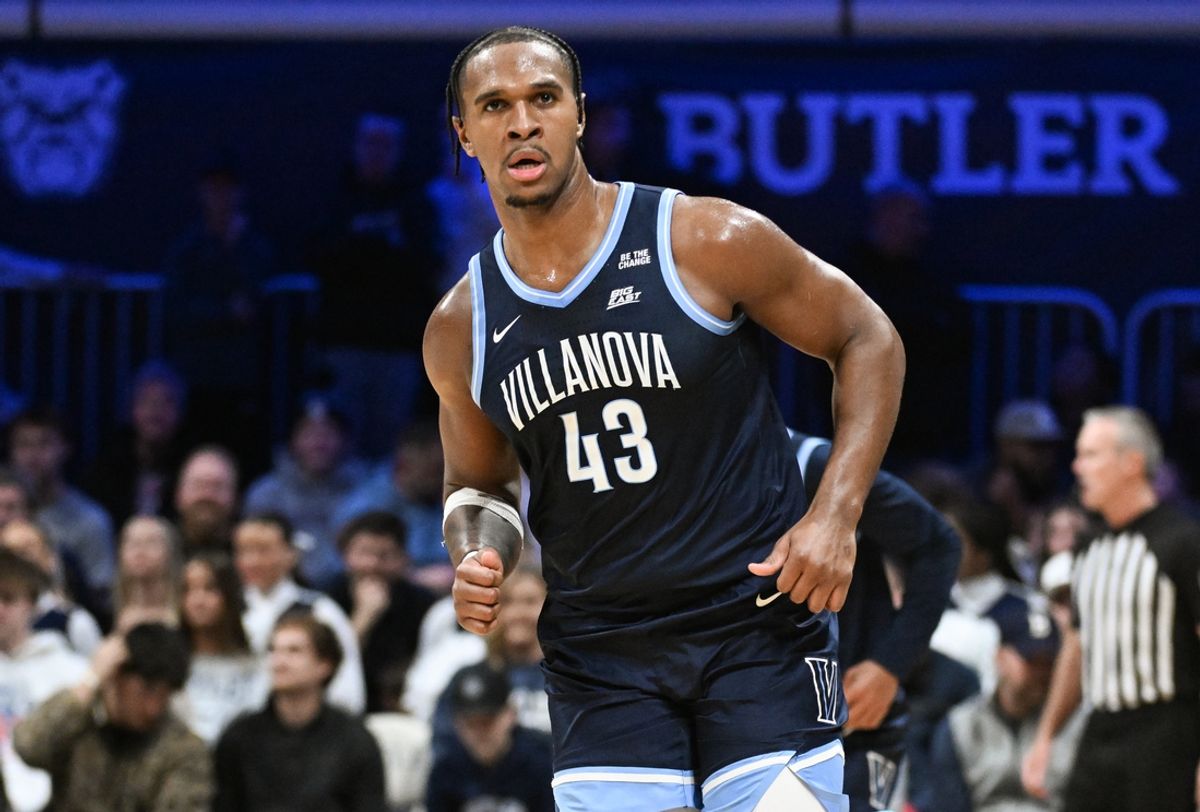 Jan 1, 2025; Indianapolis, Indiana, USA; Villanova Wildcats forward Eric Dixon (43) reacts after making a shot during the first half against the Butler Bulldogs at Hinkle Fieldhouse. Mandatory Credit: Robert Goddin-Imagn Images