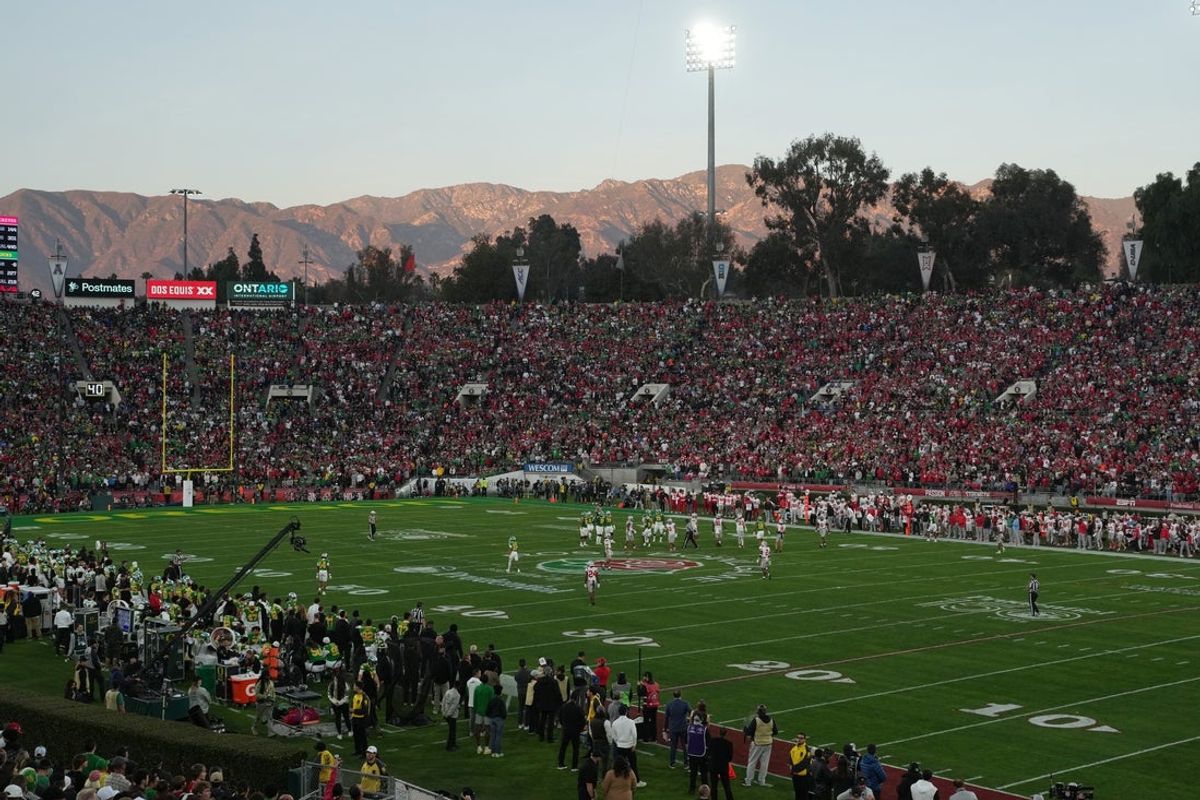 Jan 1, 2025; Pasadena, CA, USA; General view of the second half between the Oregon Ducks and the Ohio State Buckeyes in the 2025 Rose Bowl college football quarterfinal game at Rose Bowl Stadium. Mandatory Credit: Kirby Lee-Imagn Images