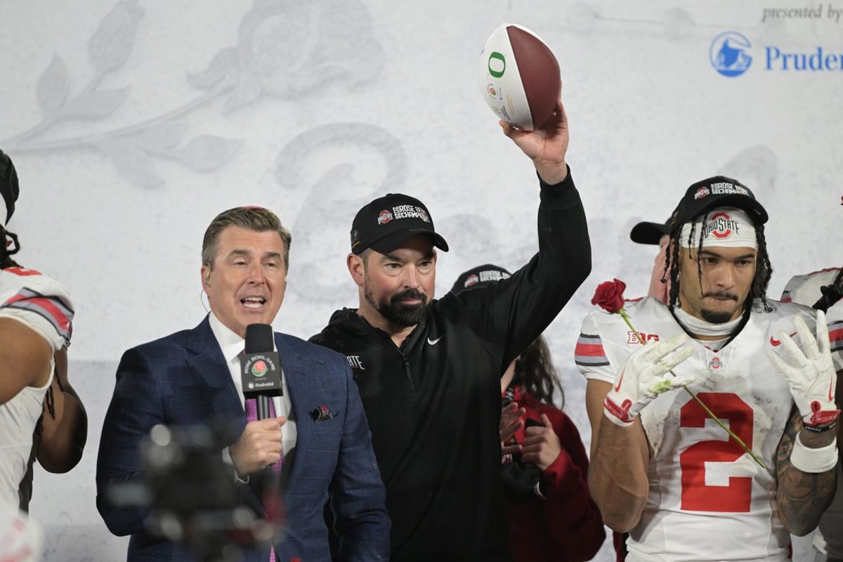 Jan 1, 2025; Pasadena, CA, USA;  Ohio State Buckeyes head coach Ryan Day celebrates after defeating the Oregon Ducks in the 2025 Rose Bowl college football quarterfinal game at Rose Bowl Stadium. Mandatory Credit: Jayne Kamin-Oncea-Imagn Images