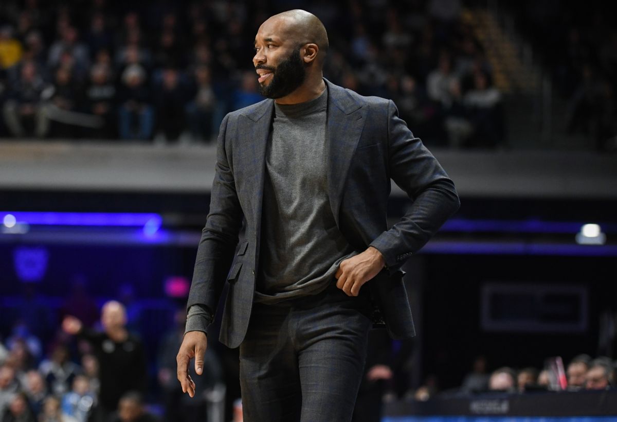 Jan 1, 2025; Indianapolis, Indiana, USA; Villanova Wildcats head coach Kyle Neptune smiles during the second half against the Butler Bulldogs at Hinkle Fieldhouse. Mandatory Credit: Robert Goddin-Imagn Images