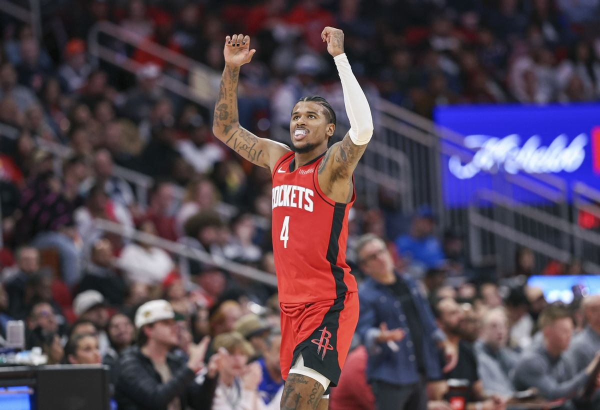 Jan 1, 2025; Houston, Texas, USA; Houston Rockets guard Jalen Green (4) reacts after a play during the fourth quarter against the Dallas Mavericks at Toyota Center. Mandatory Credit: Troy Taormina-Imagn Images