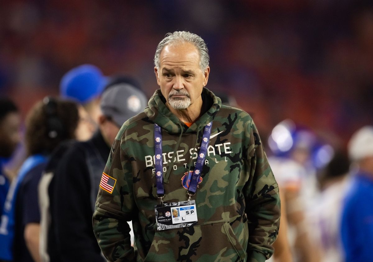 Dec 31, 2024; Glendale, AZ, USA; Boise State Broncos former coach Chuck Pagano in attendance of the Fiesta Bowl at State Farm Stadium. Mandatory Credit: Mark J. Rebilas-Imagn Images